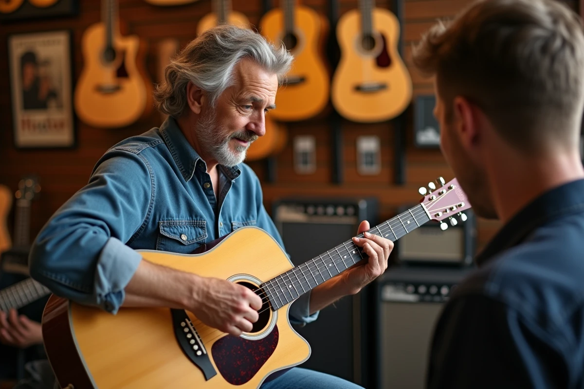 Guitariste expérimenté montrant la position d'un accord de sol majeur sur une guitare acoustique dans un magasin de musique
