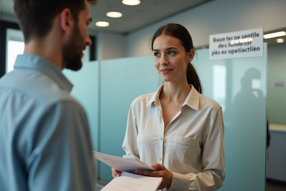 Jeune femme déposant ses documents d'inscription à Pôle emploi dans une agence administrative française