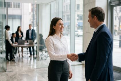 Femme d affaires souriante serre la main d un professionnel dans un bureau moderne
