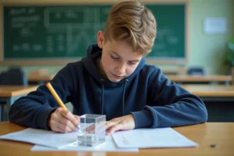 Élève de collège mesurant un cube en plastique transparent sur un bureau scolaire lors d'un exercice de géométrie pour le Brevet