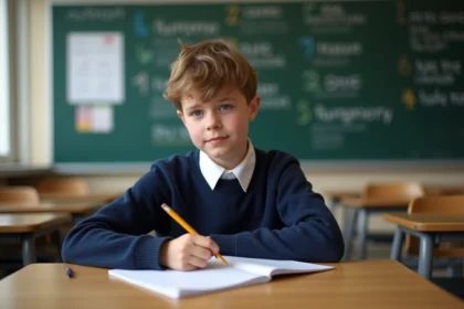 Jeune garçon de collège concentré en classe
