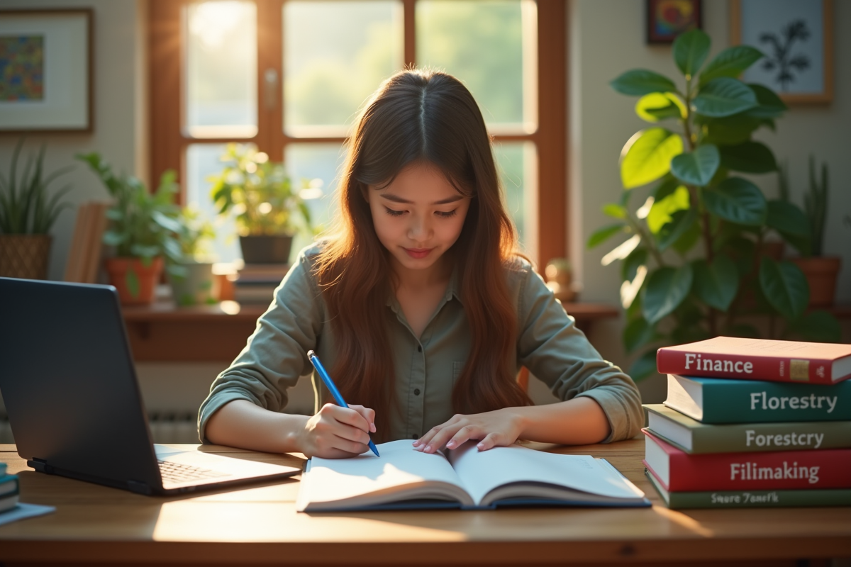 Étudiant concentré préparant un examen dans un espace lumineux avec livres et plantes