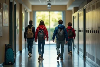 Jeunes lycéens dans un couloir lumineux du lycée