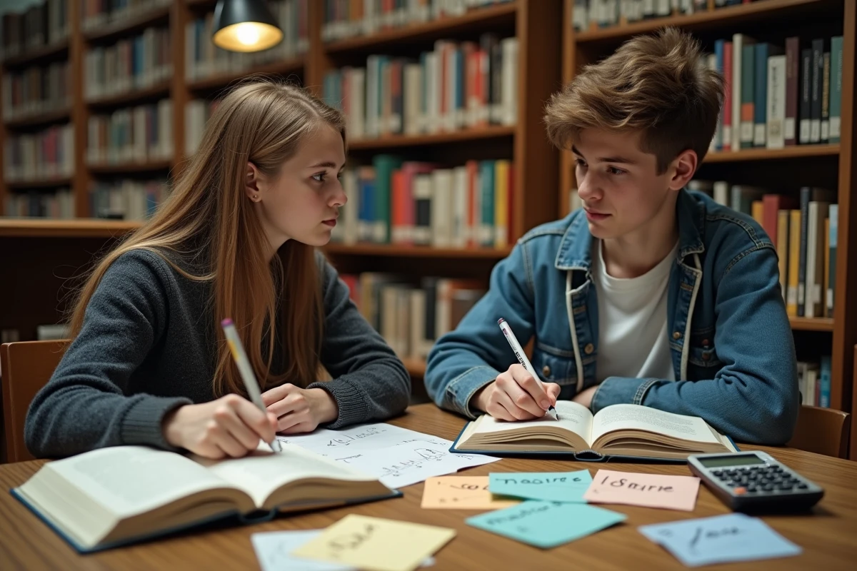 Deux lycéens révisant ensemble les identités trigonométriques dont sin a cos b à la bibliothèque