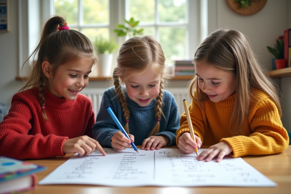 Trois enfants découvrant des verbes français en groupe