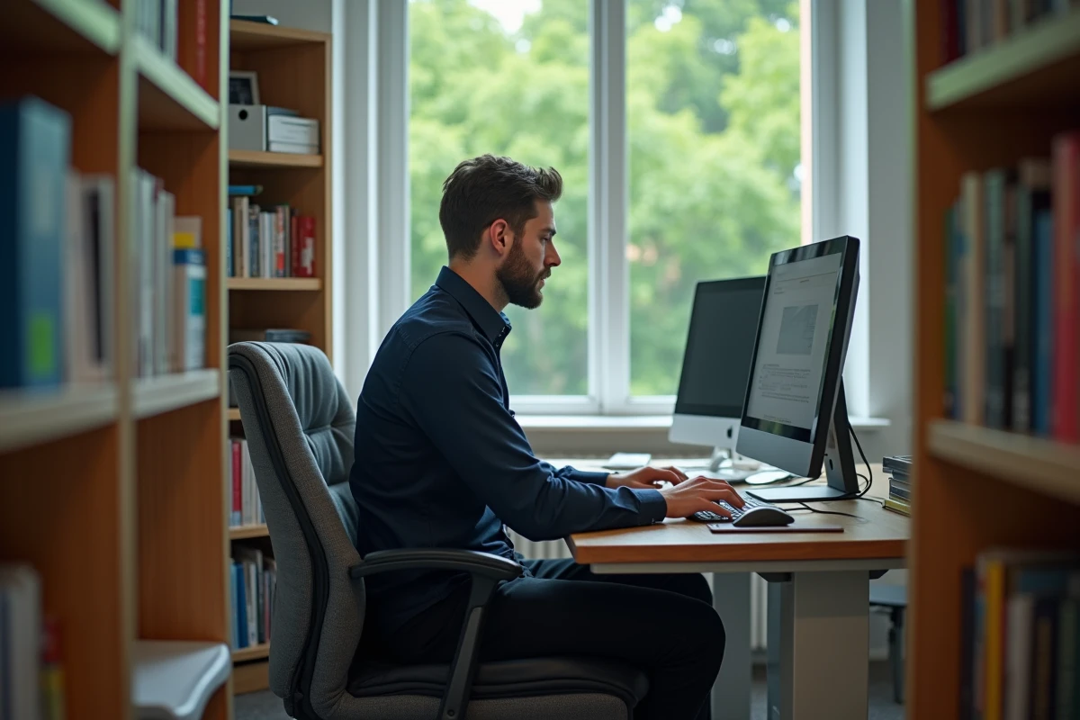 Enseignant au bureau étudiant avec ordinateur et livres