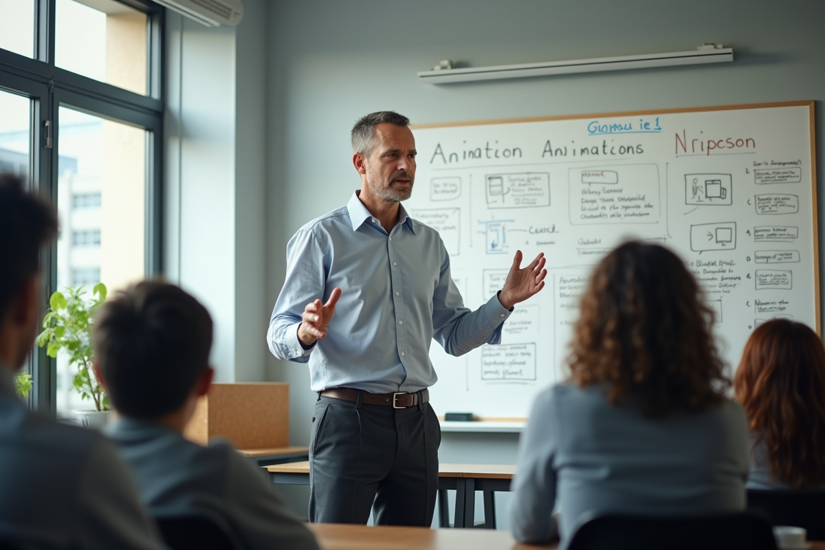 Homme enseignant expliquant des storyboards en classe moderne