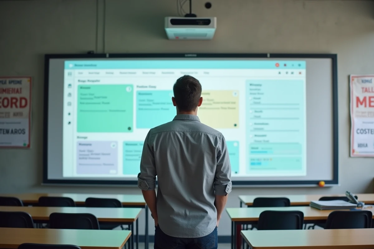 Enseignant debout devant un tableau interactif affichant une interface de gestion de classe numérique dans une salle de cours moderne