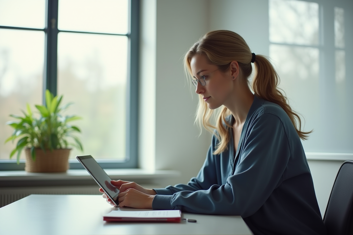 Enseignant utilisant une tablette dans un environnement calme
