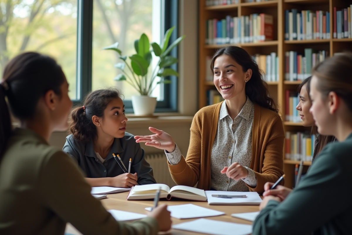 Professeure en discussion avec des adolescents dans une bibliothèque