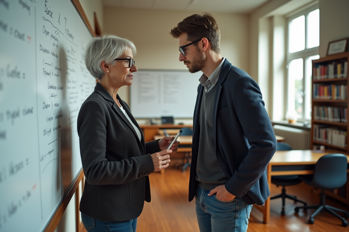 Professeure et élève discutant en classe