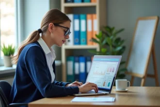 Enseignante utilisant une plateforme numérique éducative sur son ordinateur portable dans une salle des professeurs moderne