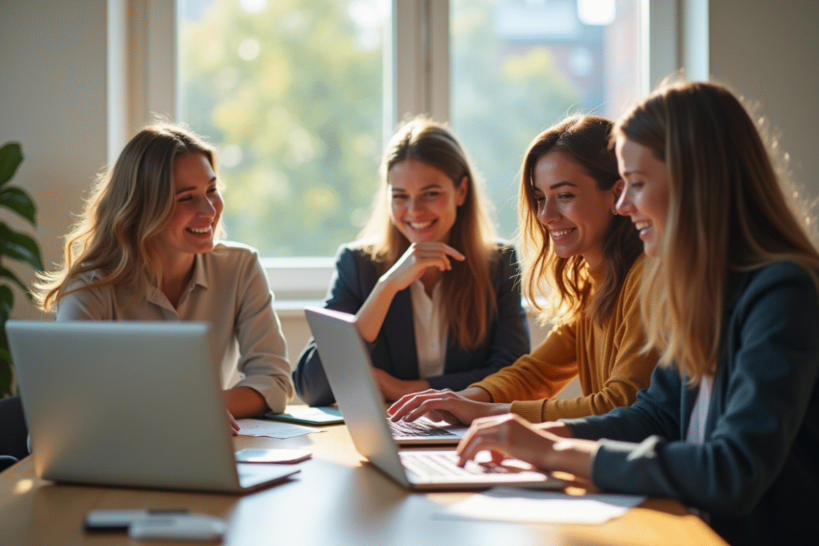 Groupe d'enseignants collaborant dans une salle lumineuse