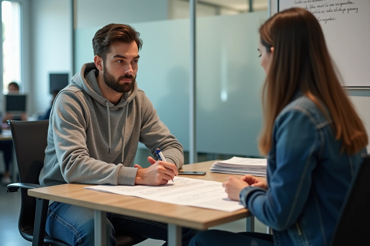 Jeune homme en entretien avec un conseiller Pôle Emploi analysant ensemble une fiche métier pour corriger les erreurs d'orientation professionnelle