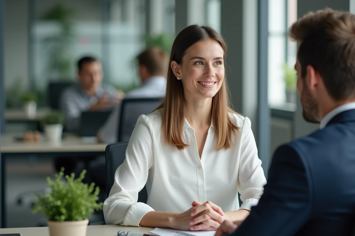 Femme en entretien d'embauche dans un bureau moderne, illustrant la recherche d'un meilleur salaire sans expérience préalable