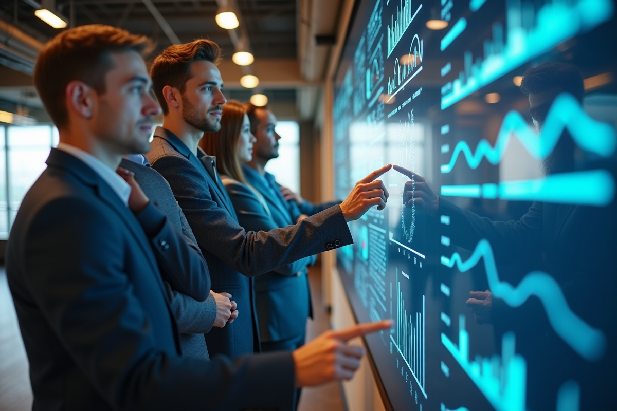 Groupe diversifié discutant devant un mur d écrans interactifs