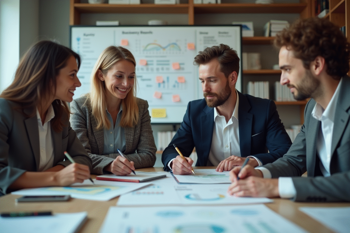 Groupe de professionnels en réunion de projet dans un bureau moderne