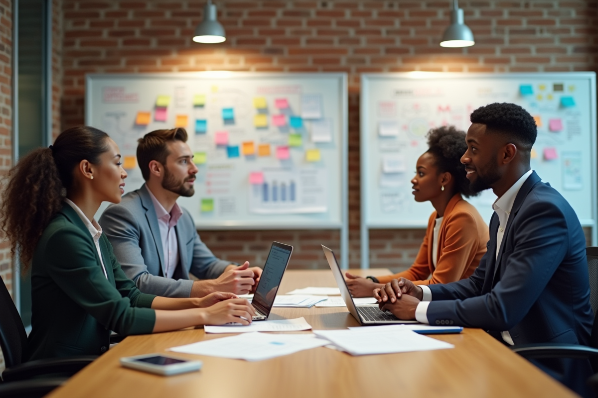 Groupe de collègues en réunion autour d
