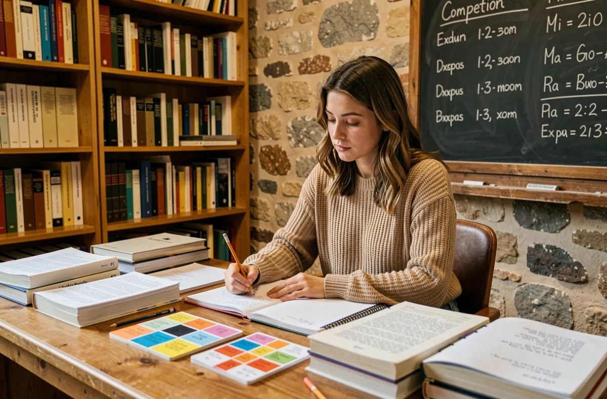 Étudiante révisant des concours dans un espace chaleureux de L'Étude Marseille