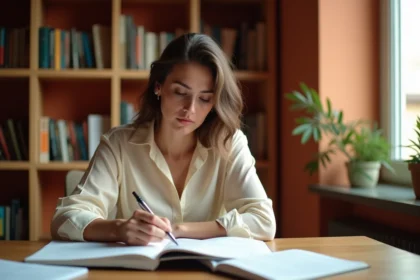 Femme étudiant la conjugaison du passé simple espagnol avec des livres de grammaire ouverts sur un bureau en bois