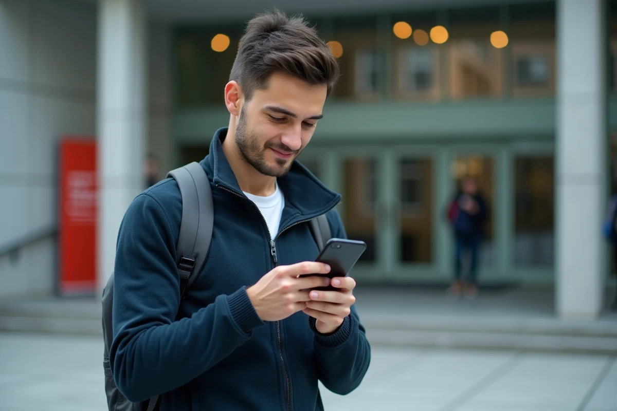 Étudiant masculin utilisant l'application mobile LEO UGA devant l'entrée de la bibliothèque universitaire