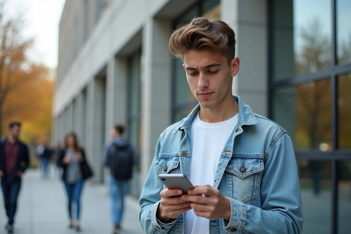 Étudiant consultant une application de réductions étudiantes sur son smartphone devant un bâtiment universitaire
