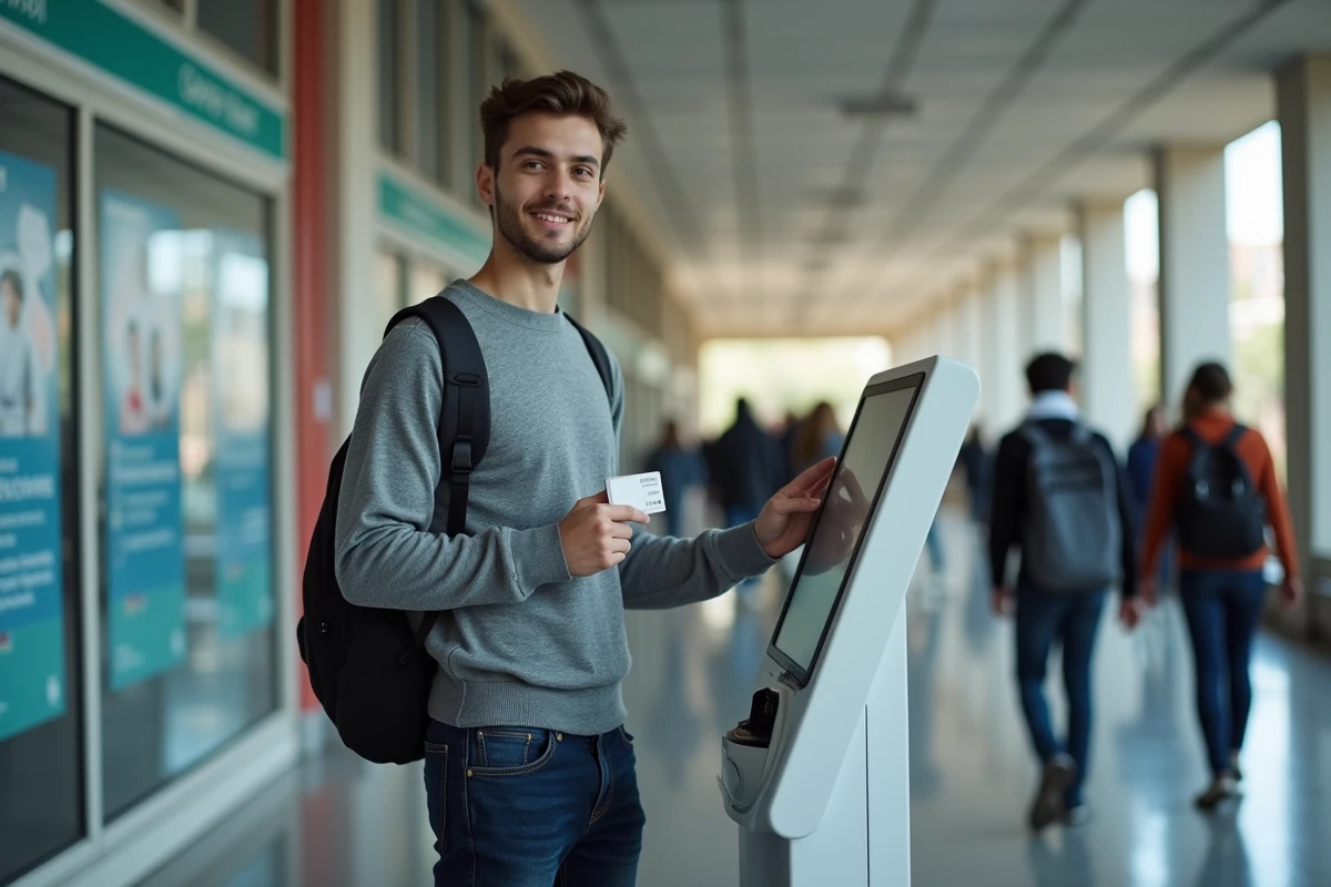 Étudiant en apprentissage utilisant une borne interactive pour régler la CVEC dans le hall d'une université française