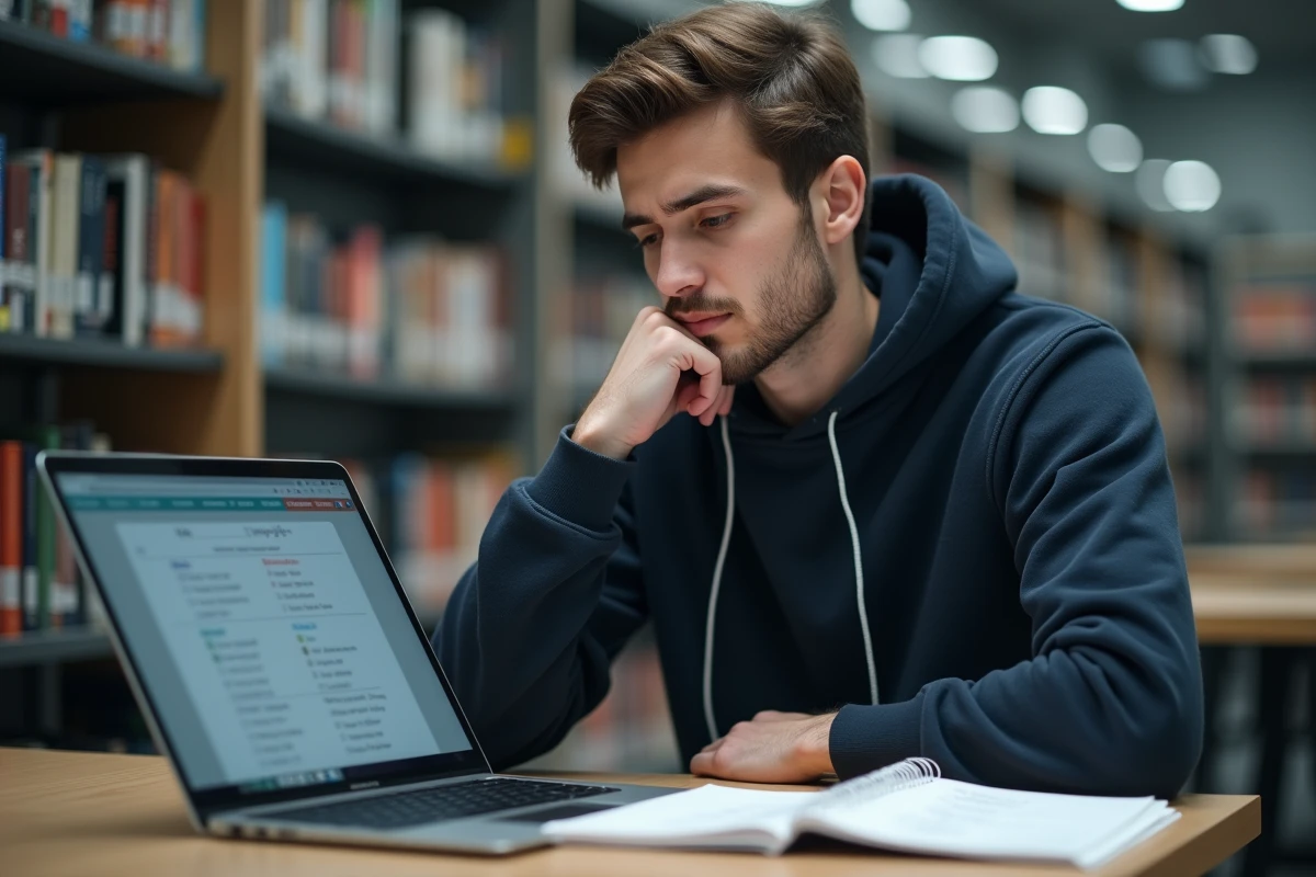 Étudiant en bibliothèque révisant les formes conjuguées du verbe tener au passé simple sur ordinateur et cahier