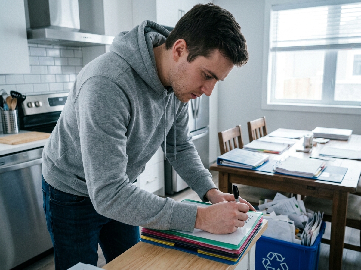Étudiant classant et étiquetant des dossiers colorés dans une cuisine partagée en colocation