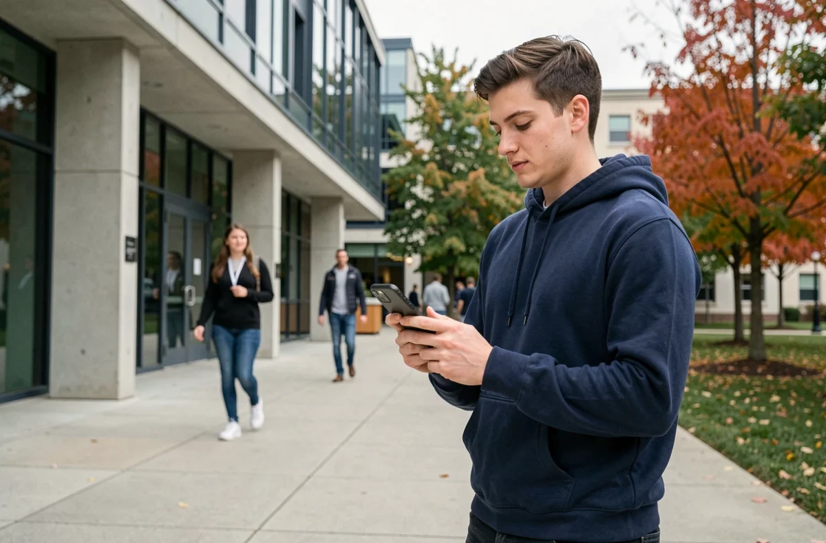 Étudiant masculin accédant à l'ENT Univ Angers sur mobile sur le campus universitaire en extérieur