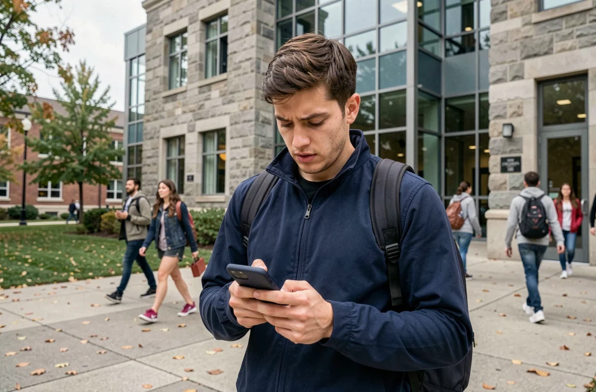 Étudiant réglant sa CVEC depuis son smartphone devant un campus universitaire en automne