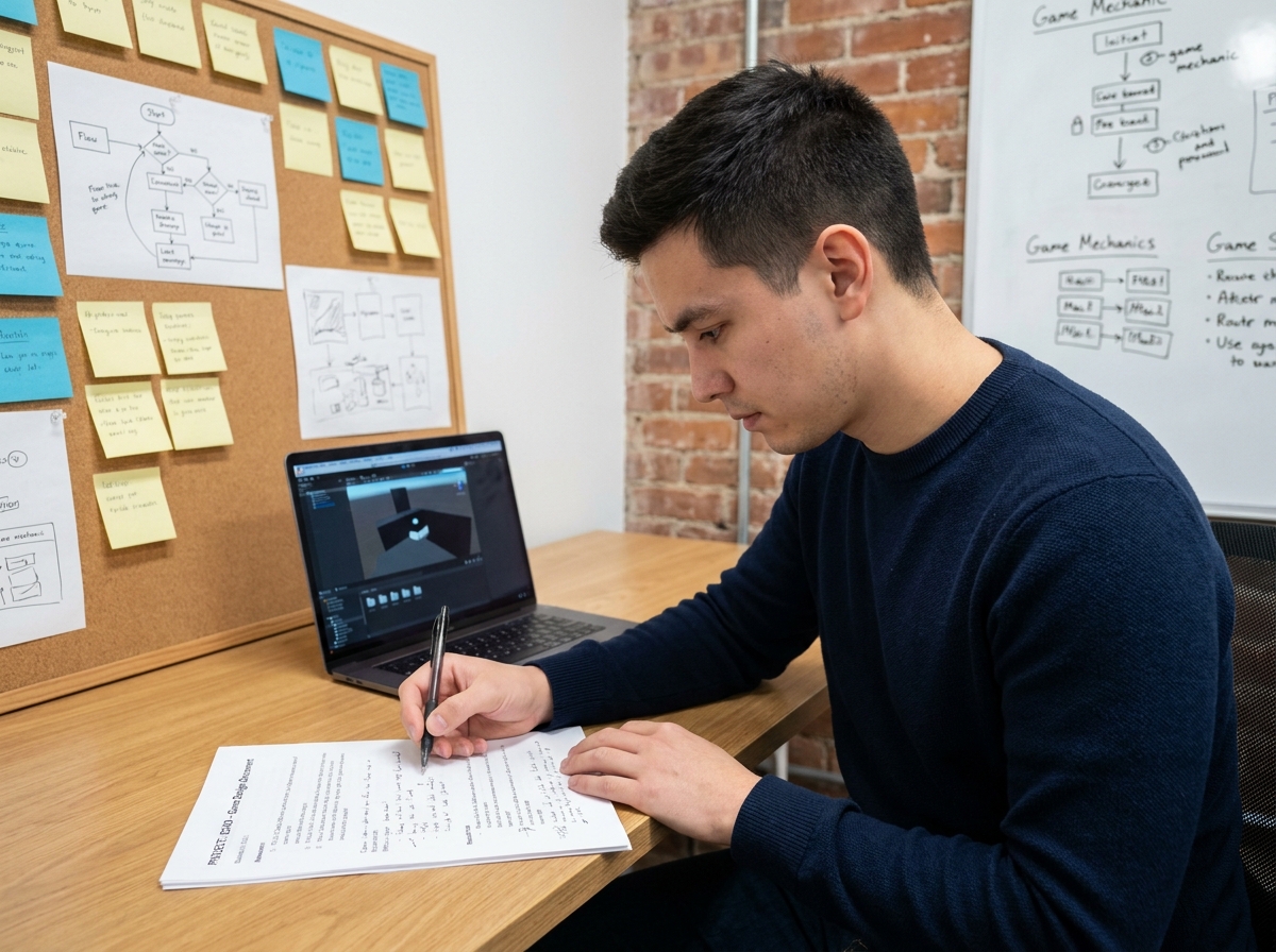 Étudiant en game design annotant un document de conception de jeu dans un espace de coworking
