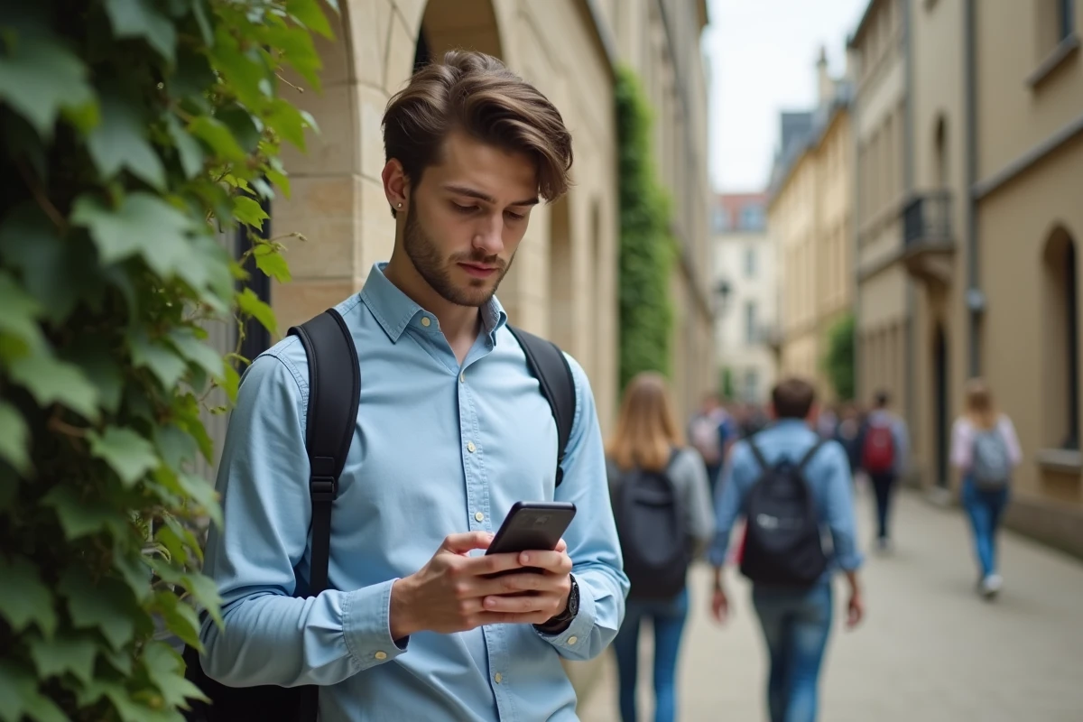 Étudiant accédant à son mail universitaire depuis son smartphone sur le campus de l'université Artois