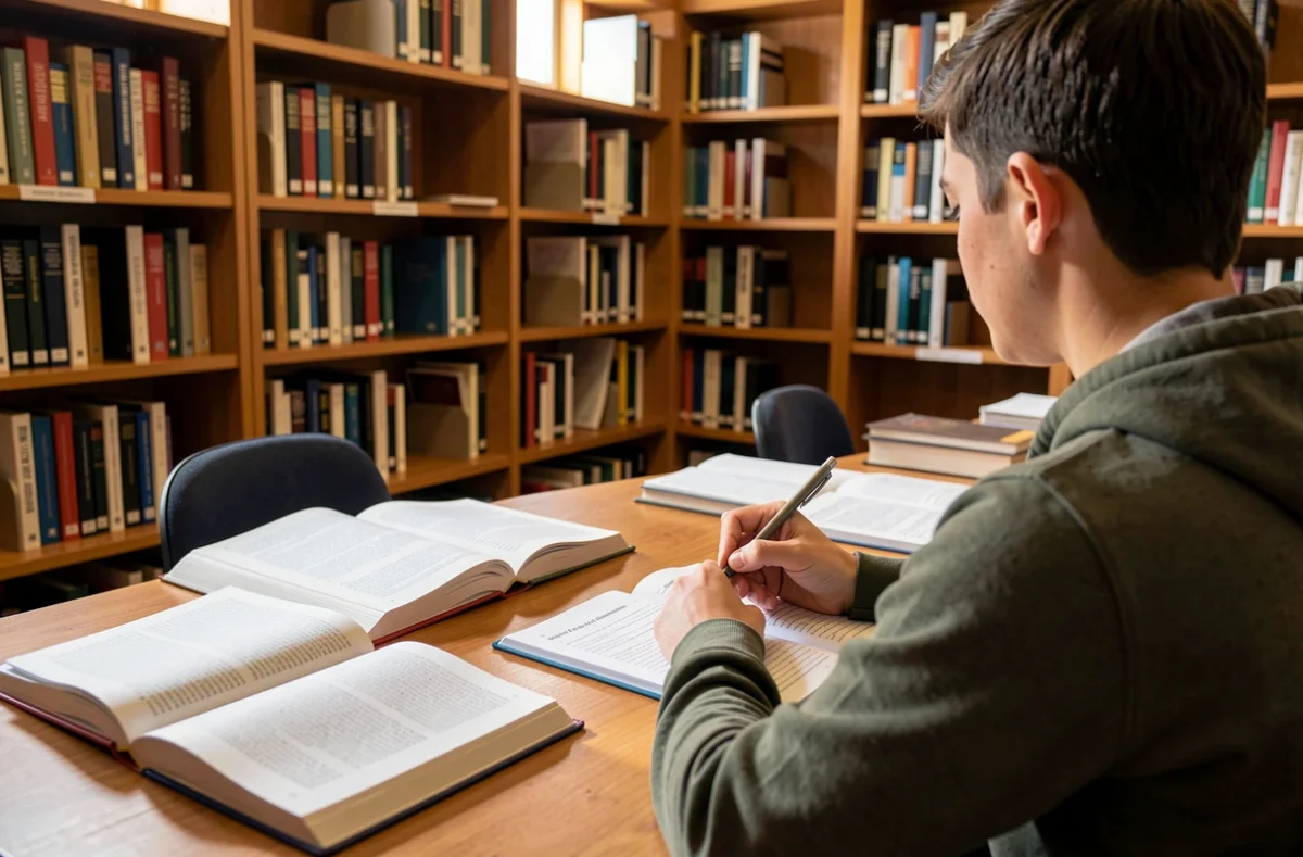 Étudiant prenant des notes dans une bibliothèque universitaire