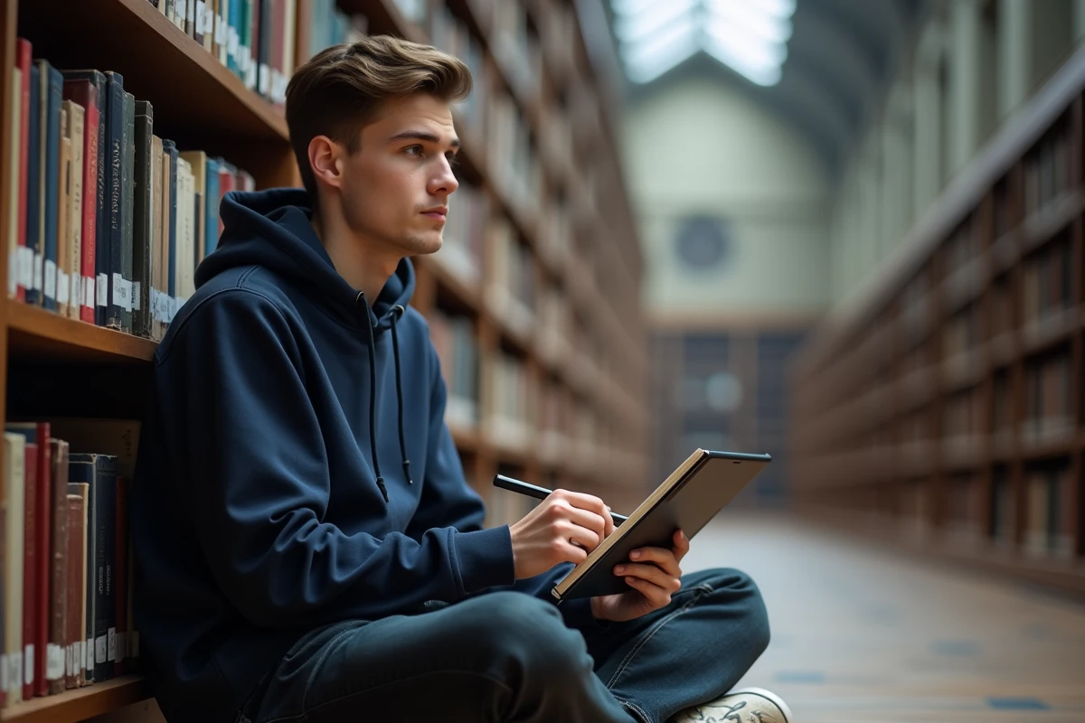 Étudiant en classe préparatoire tenant un cahier et une tablette numérique dans une bibliothèque universitaire