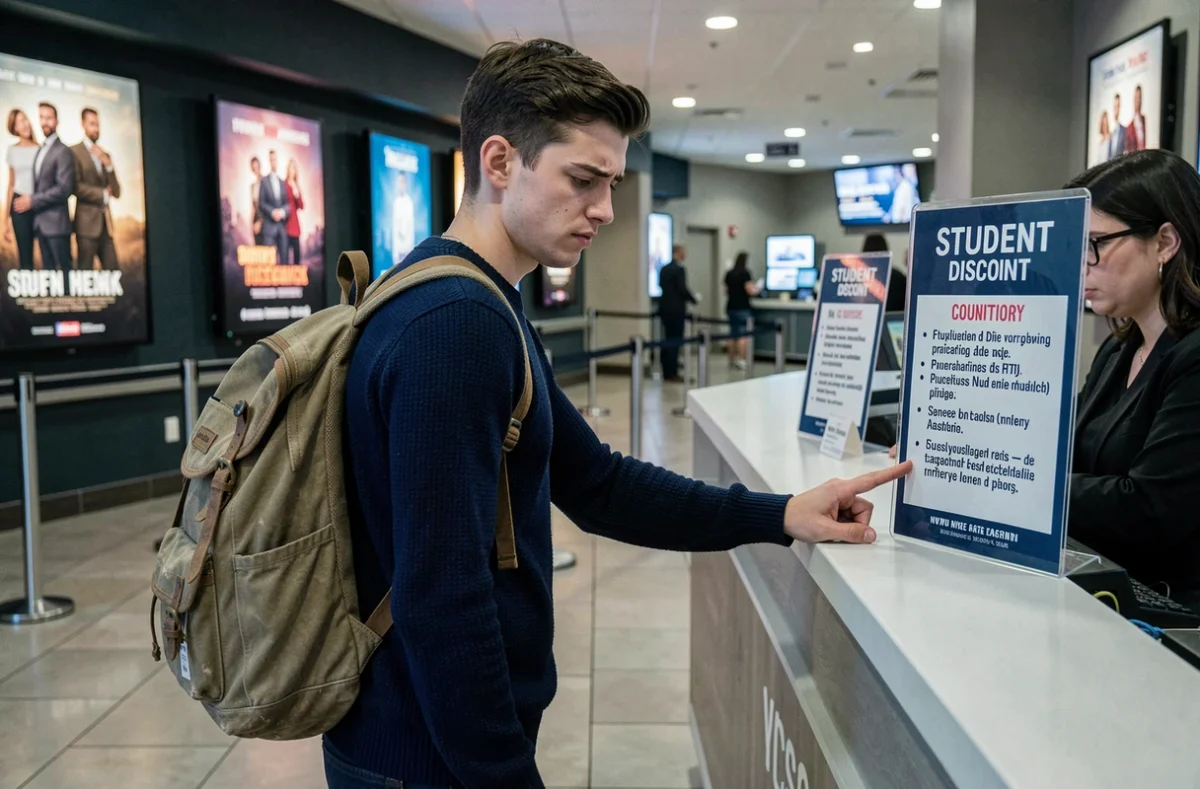 Étudiant essayant d'obtenir une réduction cinéma avec sa carte étudiante au guichet