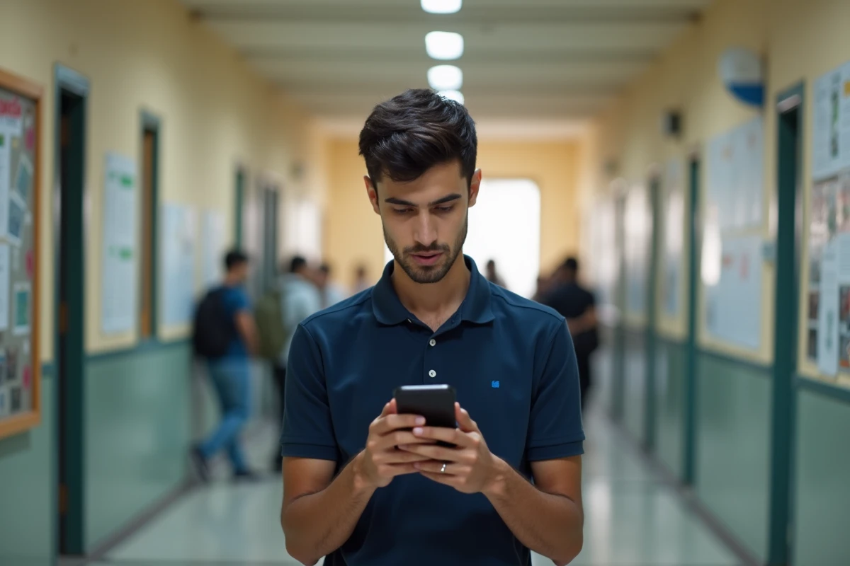 Étudiant algérien vérifiant ses résultats d'examen ENTASSAS sur smartphone dans un couloir universitaire