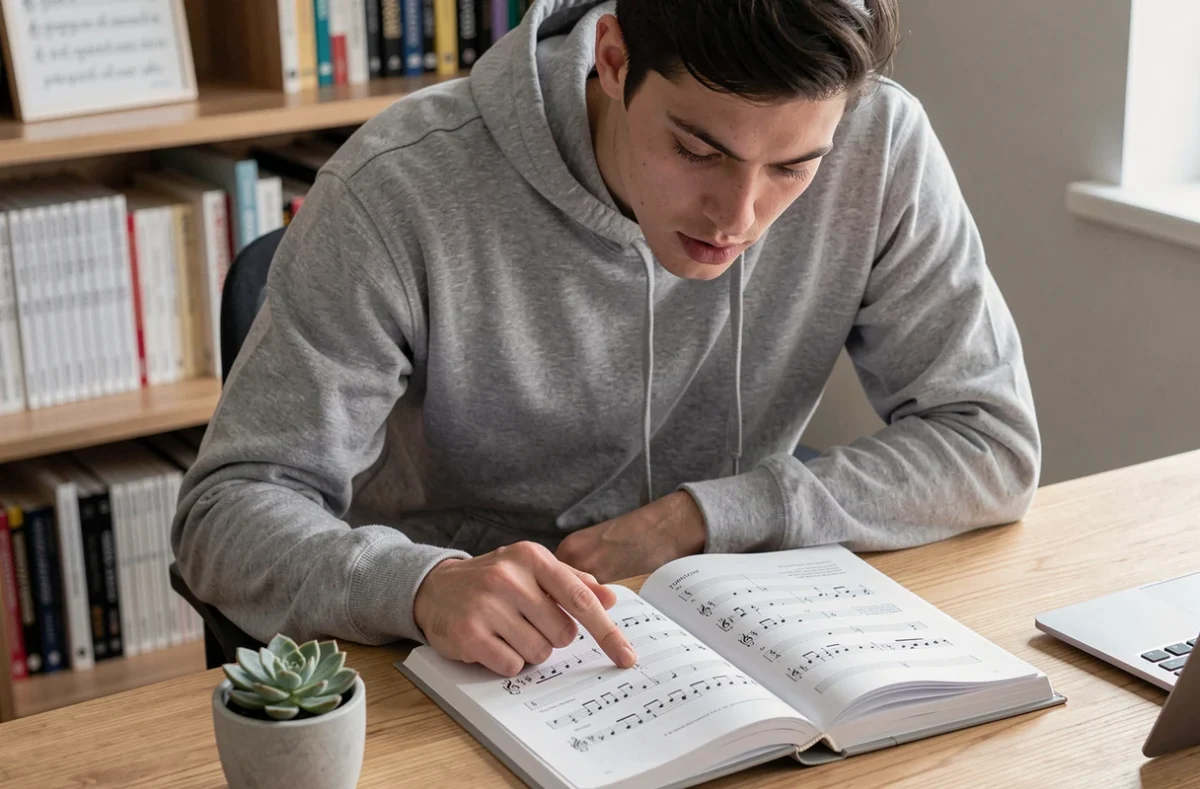 Étudiant adulte qui révise les lignes de la clé de FA dans un cahier de solfège à son bureau