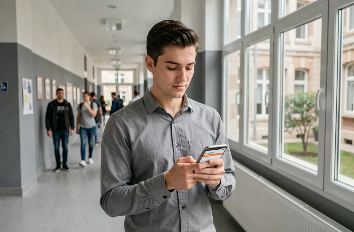 Étudiant vérifiant les résultats d'admission eCandidat Paris 8 sur son smartphone en couloir universitaire