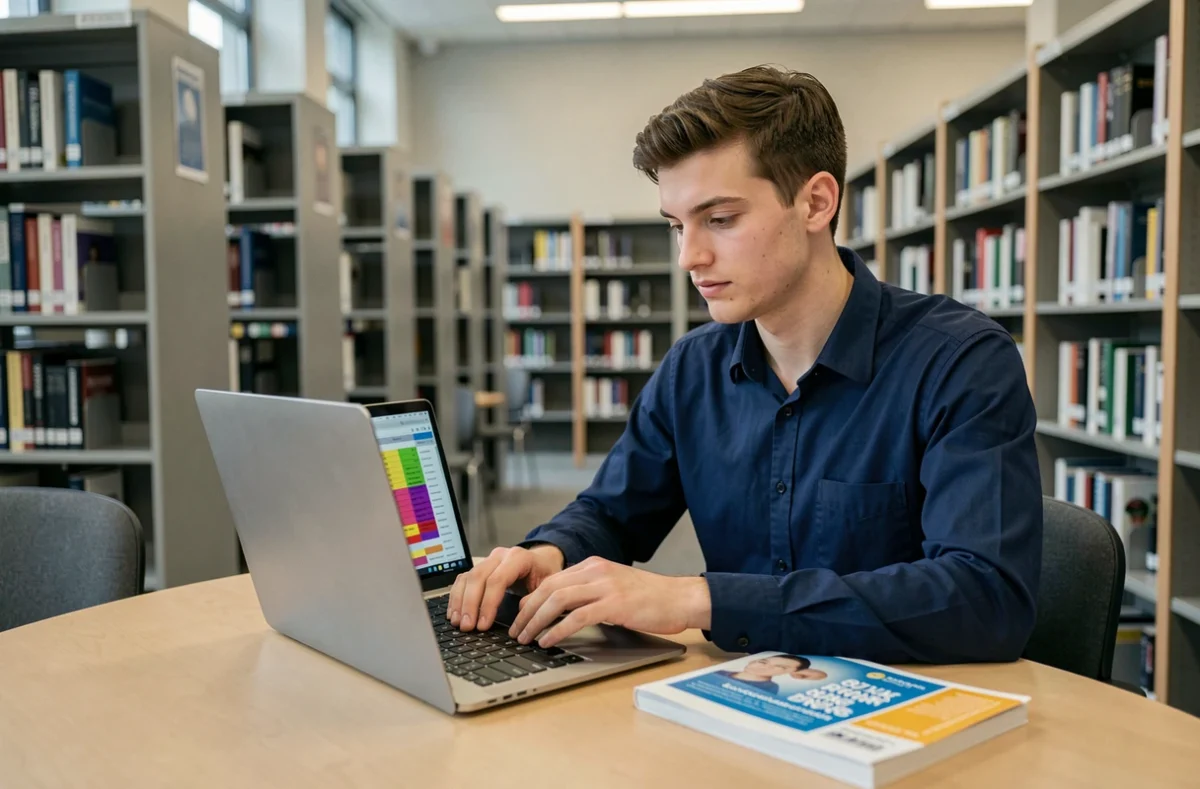 Étudiant consultant un tableau de coefficients BCE sur son ordinateur en bibliothèque universitaire