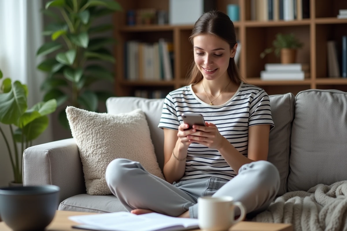 Étudiante en alternance vérifiant la confirmation de paiement de la CVEC sur son smartphone dans son appartement étudiant avec son contrat d'apprentissage posé sur la table