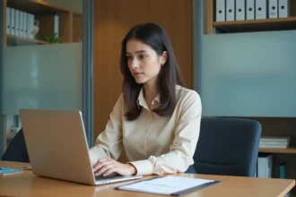 Étudiante en alternance remplissant le formulaire de paiement de la CVEC sur son ordinateur portable dans un bureau administratif universitaire