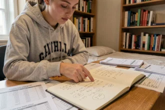 Étudiante calculant son coefficient BCE sur des feuilles de notes à son bureau