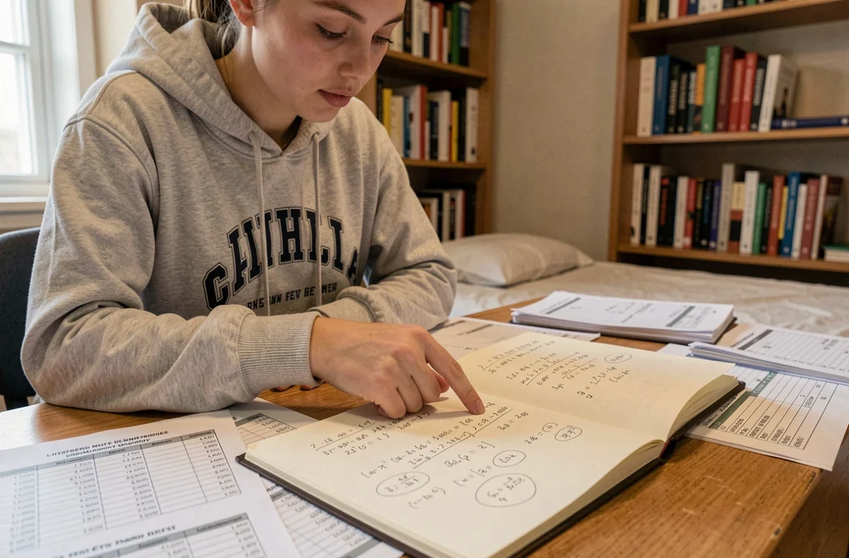 Étudiante calculant son coefficient BCE sur des feuilles de notes à son bureau