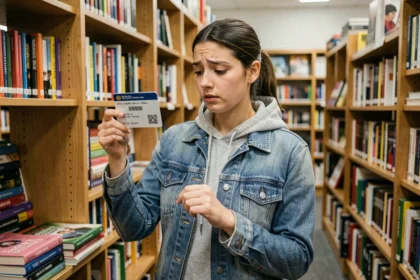 Étudiante examinant sa carte étudiante dans une librairie universitaire pour obtenir des réductions