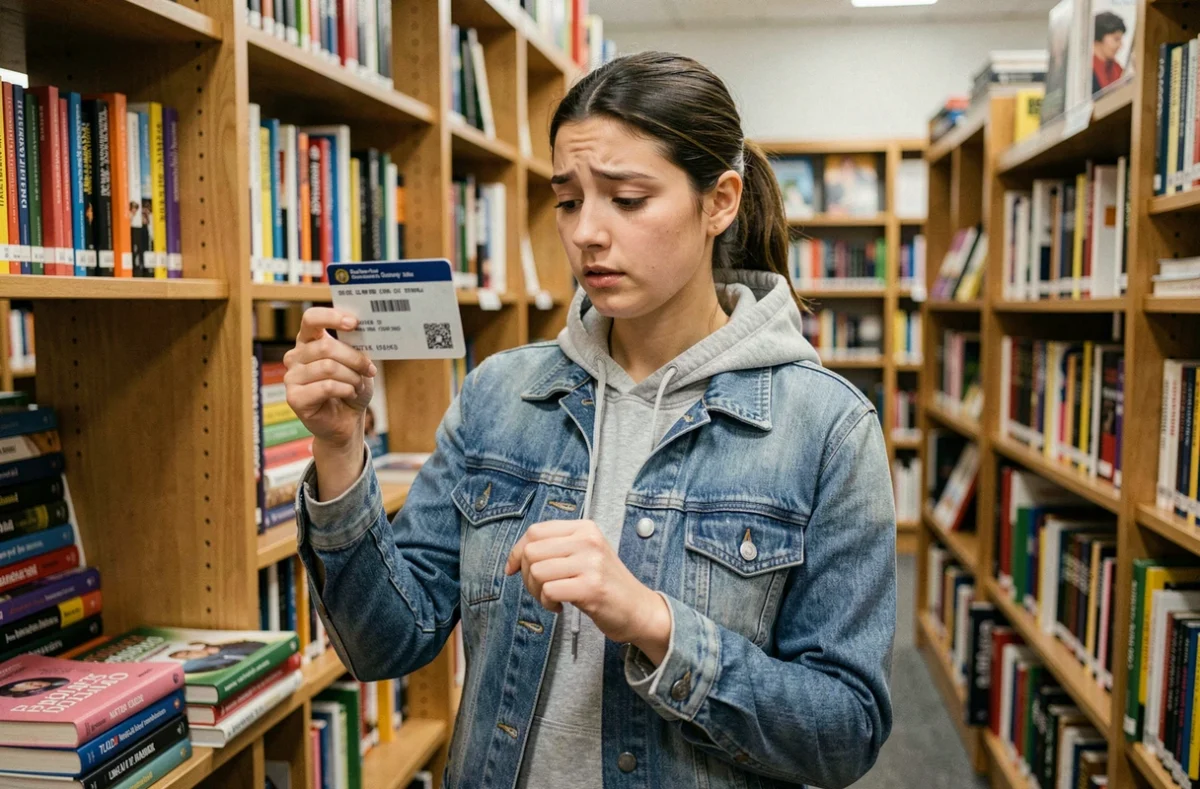 Étudiante examinant sa carte étudiante dans une librairie universitaire pour obtenir des réductions