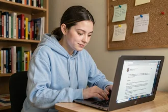 Étudiante confirmant son admission sur eCandidat Paris 8 depuis son appartement