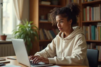 Étudiante consultant ses résultats d'examen sur le portail ENTASSAS depuis son bureau à domicile