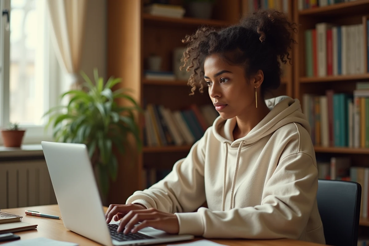 Étudiante consultant ses résultats d'examen sur le portail ENTASSAS depuis son bureau à domicile