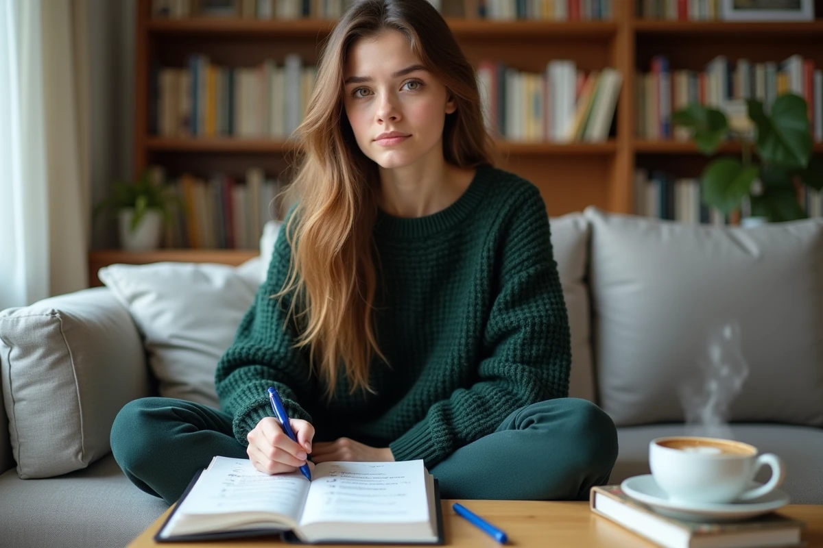 Étudiante corrigeant des exercices de grammaire sur la nature et la fonction des mots à domicile